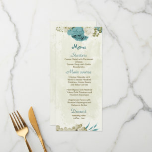 Menú boda de flores azules blancas