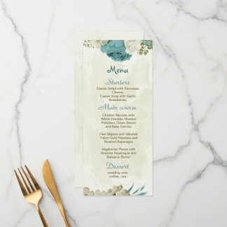 Menú boda de flores azules blancas