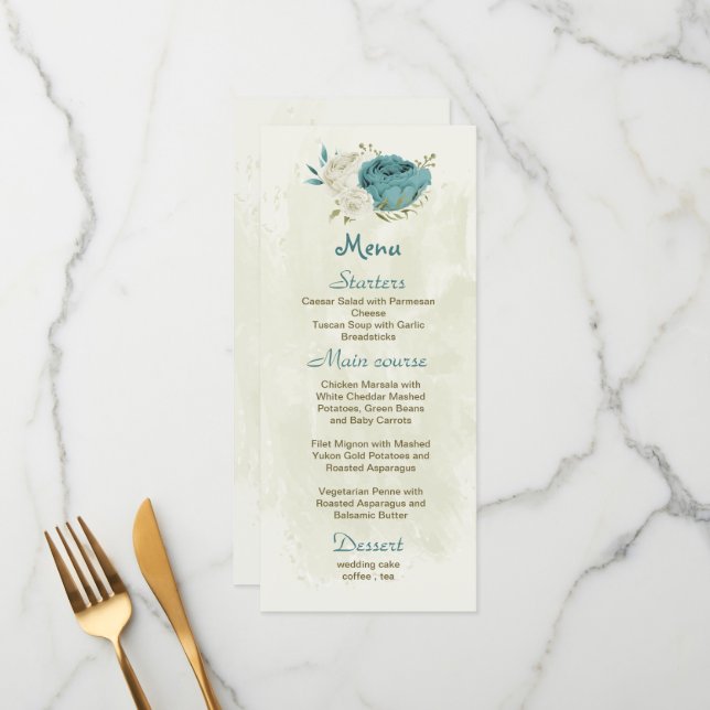 Menú boda de flores azules blancas (Anverso/Reverso In Situ)