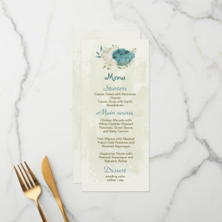 Menú boda de flores azules blancas