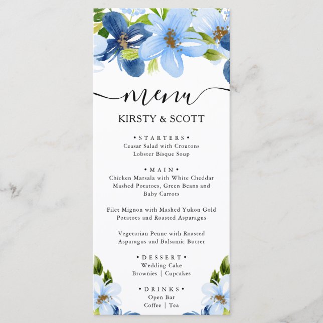 Menú Boda de flores azules y navy al aguarela (Anverso)