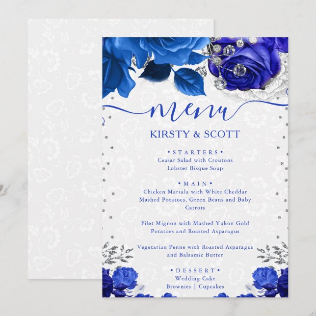 Menú Boda de flores azules y plateadas al acuarela (Anverso / Reverso)
