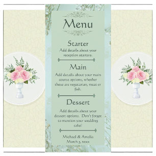 Menú Boda de flores blancas Verde azuladas Pastel