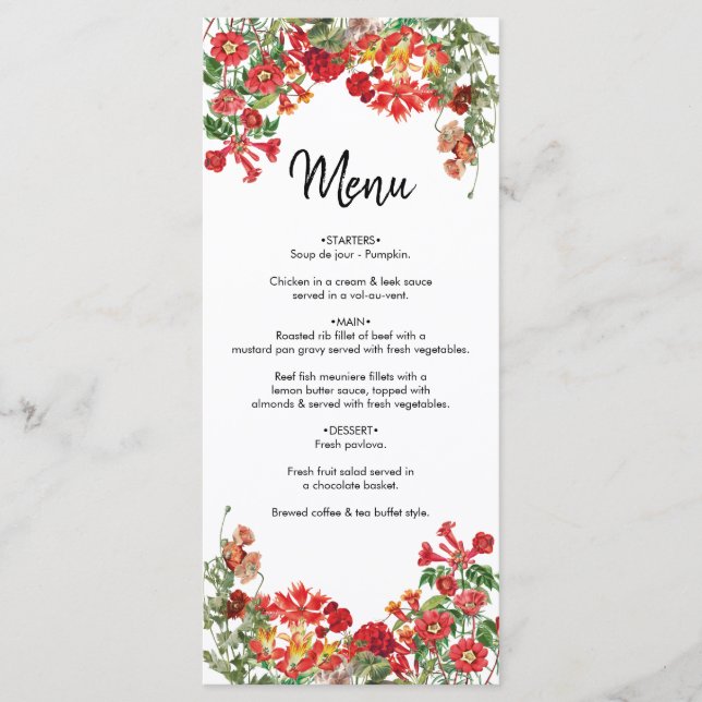 Menú Boda de Flores Botánicas del Jardín Rojo Floral (Anverso)