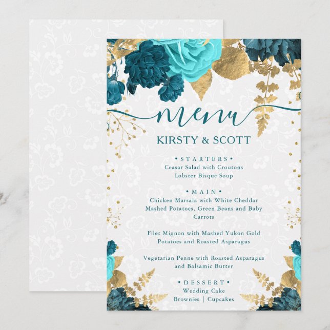 Menú Boda de flores de acuarela azul verdoso y dorado (Anverso / Reverso)