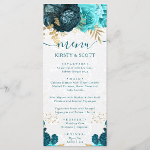 Menú Boda de flores de acuarela azul verdoso y dorado