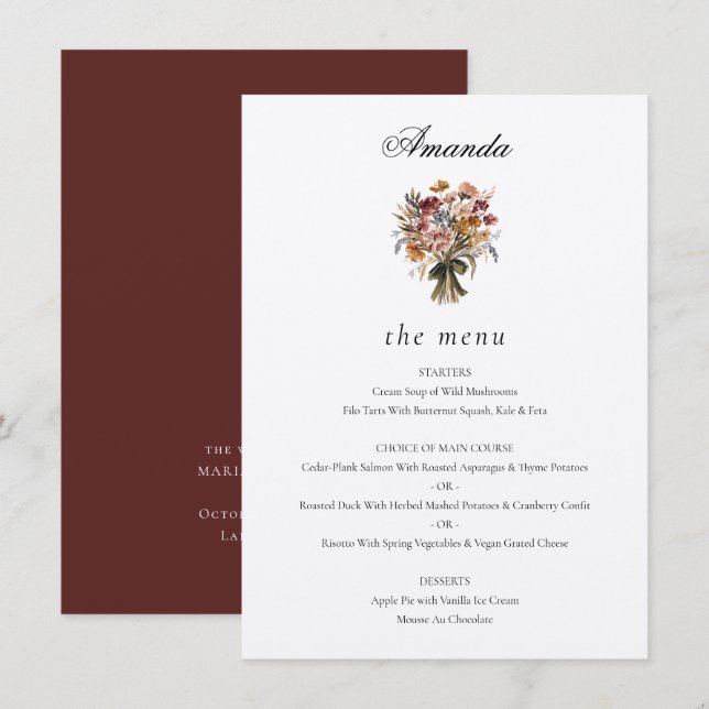 Menú Boda de Flores de Caída de Nombre de Invitado Pers (Anverso / Reverso)