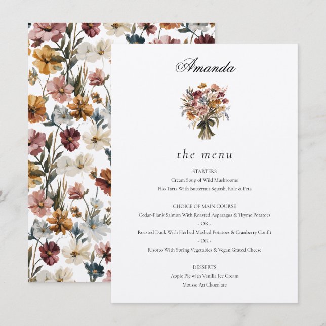 Menú Boda de Flores de Caída de Nombre de Invitado Pers (Anverso / Reverso)