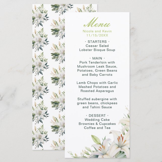 Menú Boda de Flores de Lirio Blanco (Anverso / Reverso)