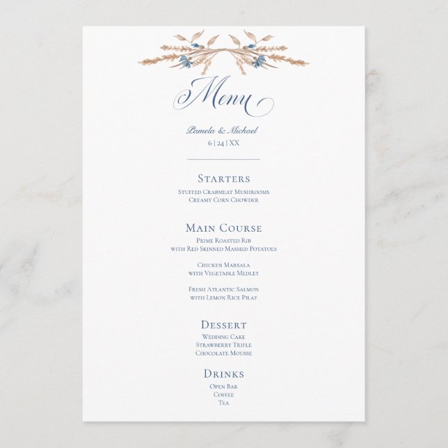 Menú Boda de flores de maíz y trigo azules (Anverso)