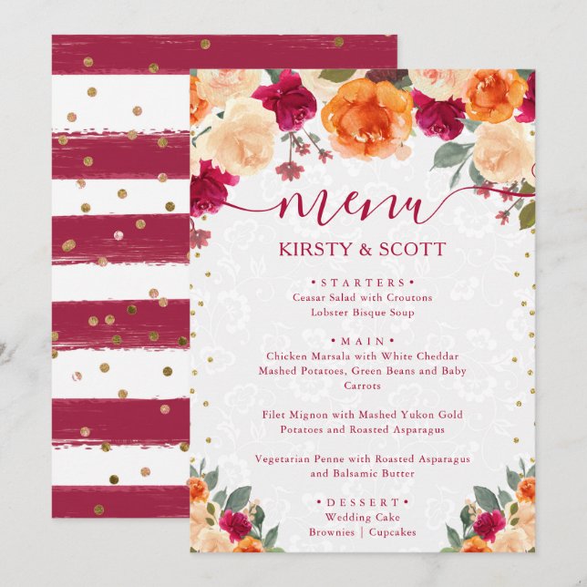 Menú Boda de Flores de Otoño en Caída Roja y Naranja (Anverso / Reverso)