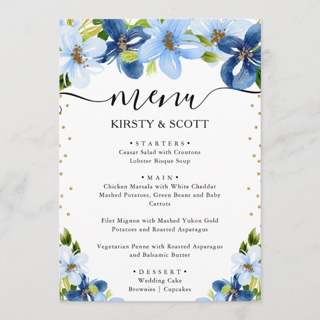 Menú Boda de flores de verano azules y navy (Anverso)