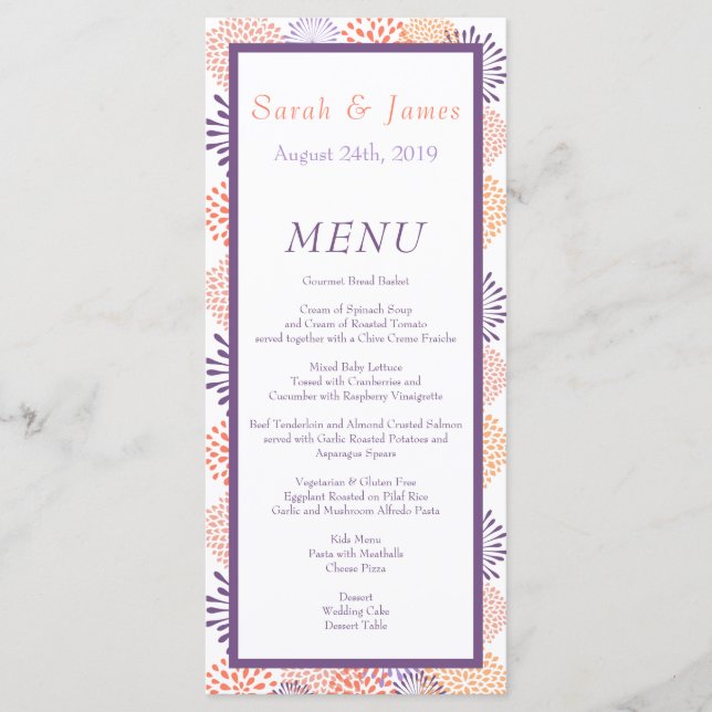 Menú Boda de flores moradas y corales (Anverso)