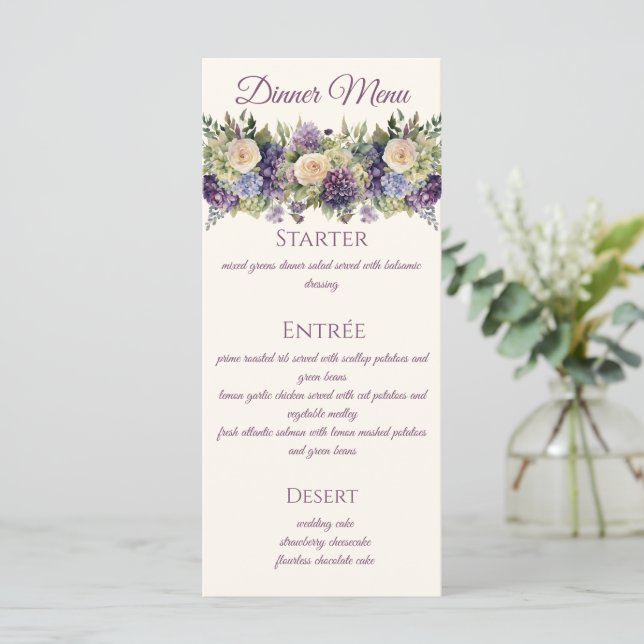 Menú Boda de flores púrpura acuarela - (Anverso de pie)