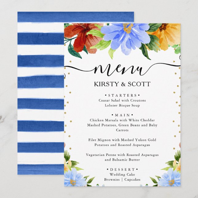 Menú Boda de flores rojas, amarillas y azules acuarela (Anverso / Reverso)