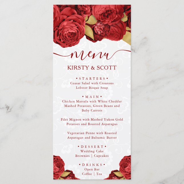 Menú Boda de flores rojas y doradas acuarela (Anverso)