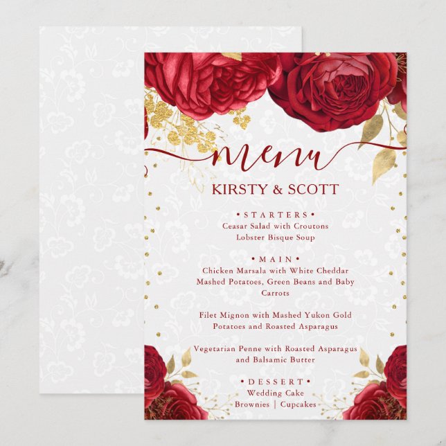 Menú Boda de flores rojas y doradas acuarela (Anverso / Reverso)