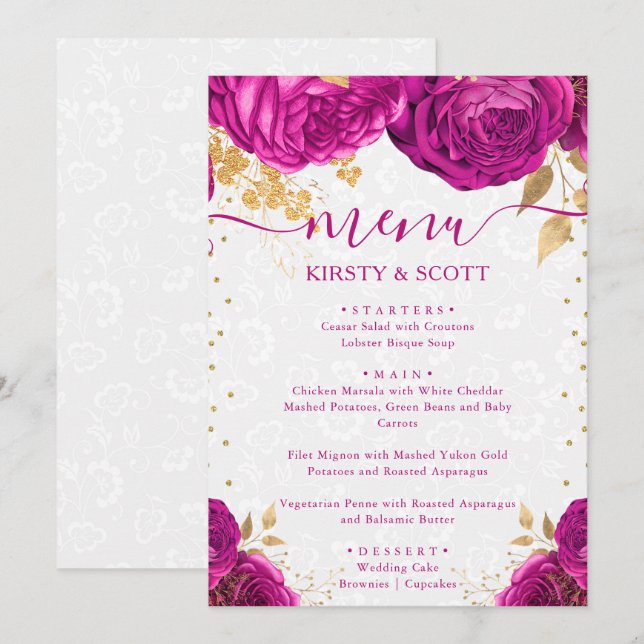 Menú Boda de flores rosadas y doradas acuarela (Anverso / Reverso)