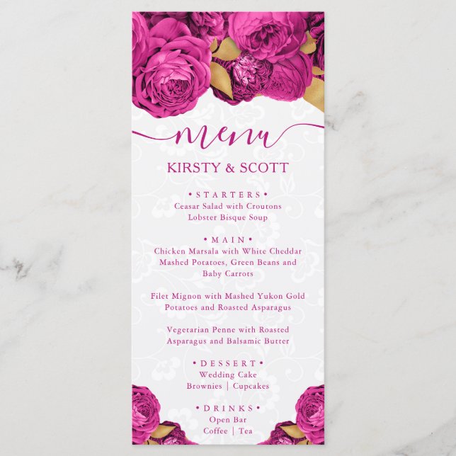 Menú Boda de flores rosadas y doradas acuarela (Anverso)