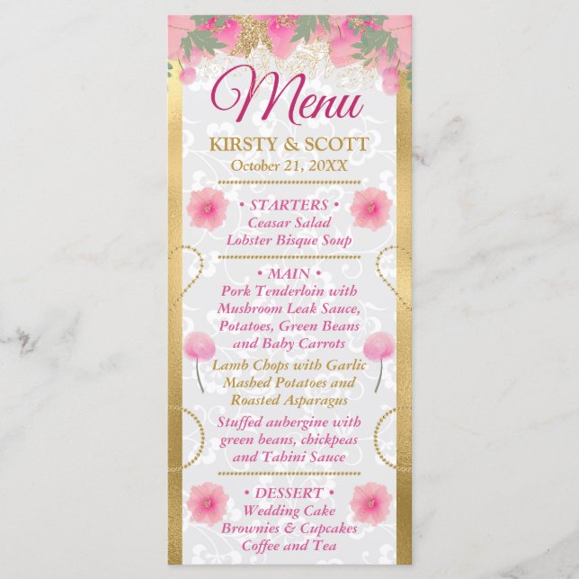 Menú Boda de flores rosadas y doradas en acuarela (Anverso)