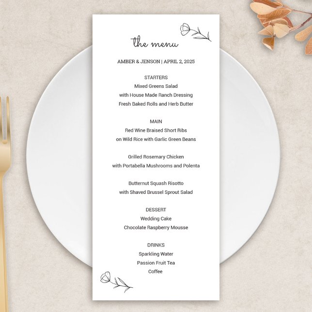 Menú Boda de flores silvestres (Wildflower Wedding Menu Card by Fiesta Valley Print)