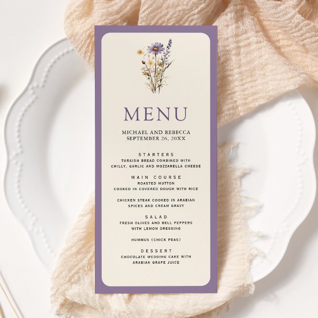 Menú Boda de flores silvestres boho púrpura polvorienta (Subido por el creador)