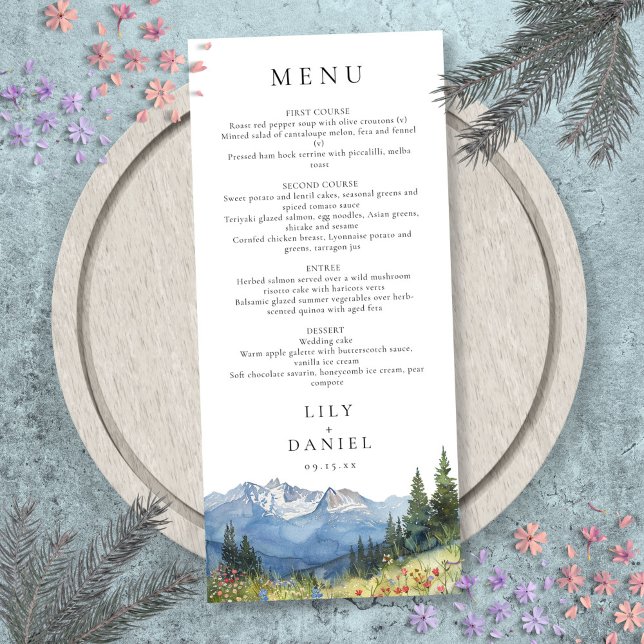 Menú Boda de flores silvestres de la montaña acuarela m (Modern Watercolor Mountain Wildflower Wedding Menu)