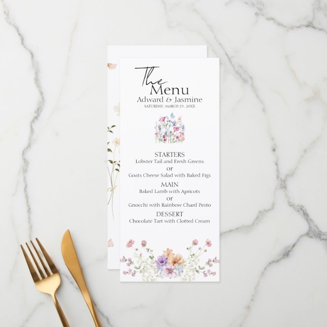 Menú Boda de flores silvestres de pradera veraniega ele (Anverso/Reverso In Situ)