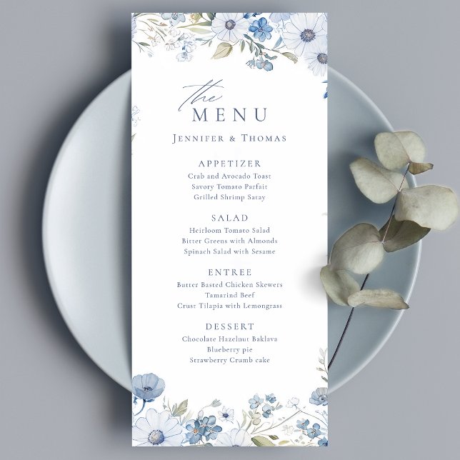 Menú Boda de flores silvestres elegantes azul polvorien (Dusty Blue Elegant Wildflower Wedding Menu)