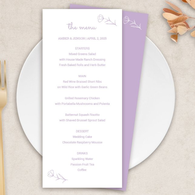 Menú Boda de flores silvestres en Lilac (Wildflower Wedding Menu in Lilac)