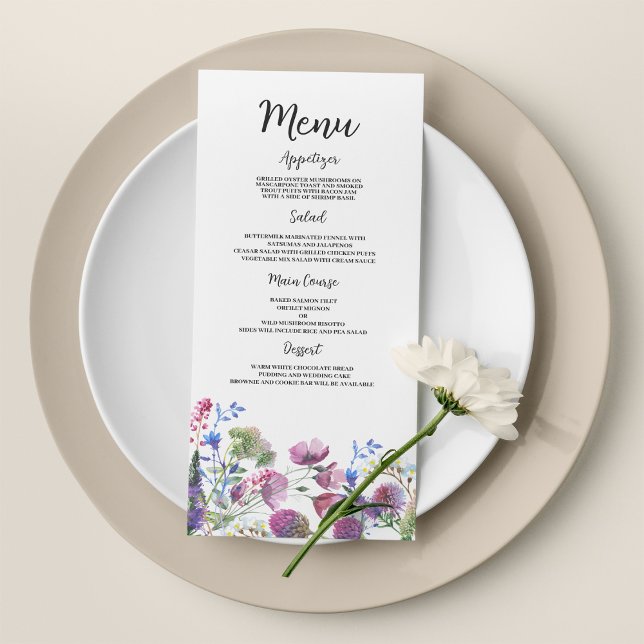 Menú Boda de flores silvestres moradas de lavanda  (Pink lavender purple wildflower Wedding Menu )