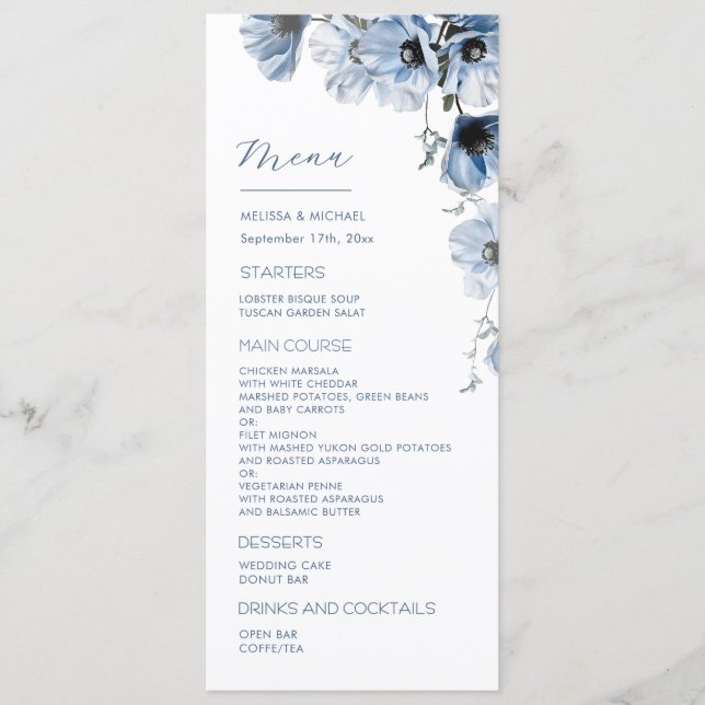 Menú Boda de flores transparentes azules (Anverso)