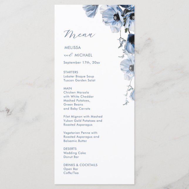Menú Boda de flores transparentes azules (Anverso)