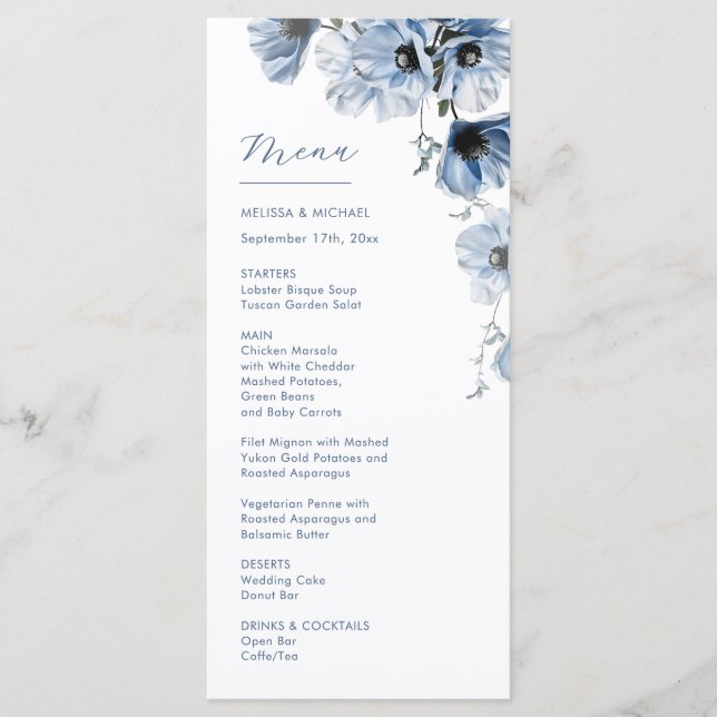 Menú Boda de flores transparentes azules (Anverso)