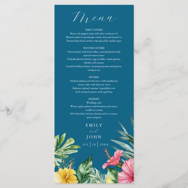 Menú Boda de flores tropicales acuarela azul océano (Anverso)