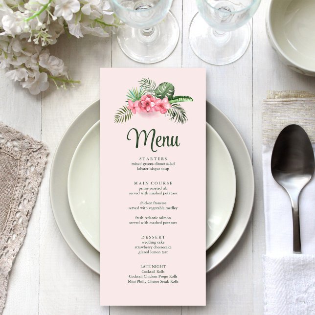 Menú Boda de flores tropicales rosadas (Pink Tropical Flowers Wedding Menu on a white wedding table.)