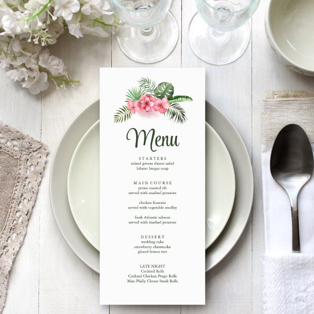 Menú Boda de flores tropicales rosadas (Pink Tropical Flowers Wedding Menu on white wedding table.)