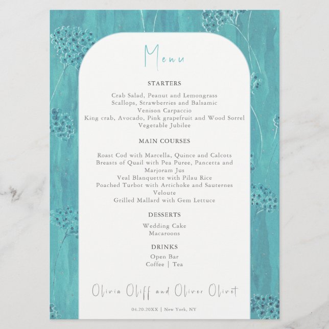 Menú Boda de flores turquesas mullidas (Anverso)