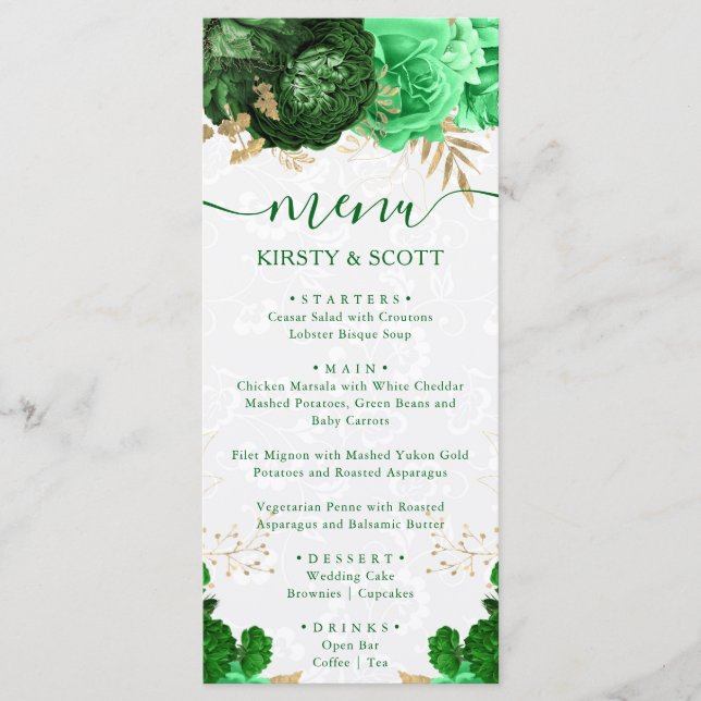 Menú Boda de flores verdes y doradas en acuarela (Anverso)