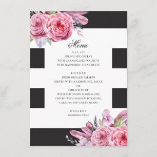 Menú Boda de flores y plumas de color rosa de color agu