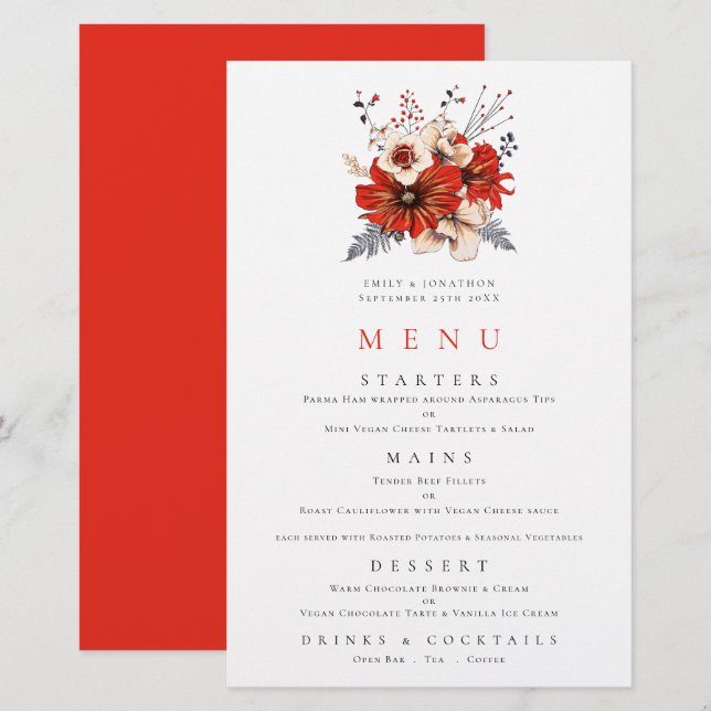 Menú Boda de follaje de flóculos rojos de presupue (Anverso / Reverso)