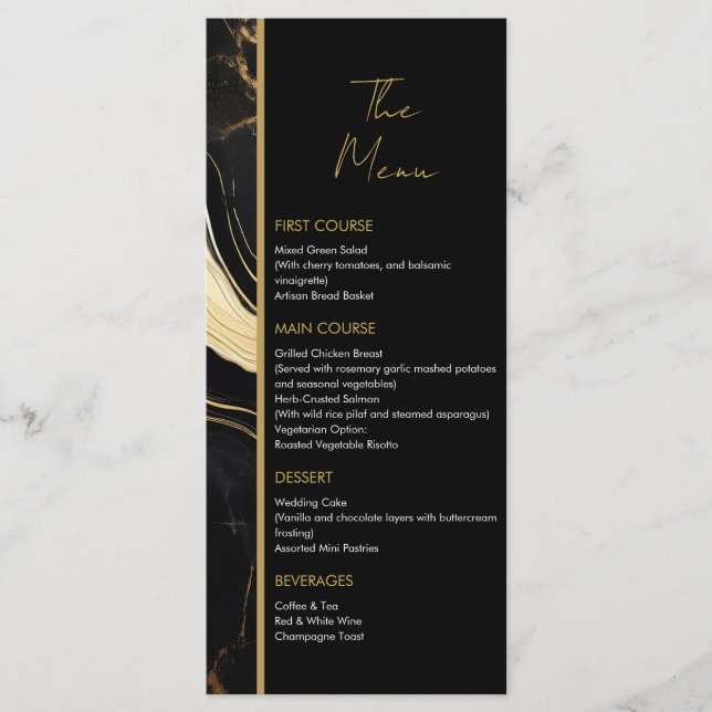 Menú Boda de fotografía de mármol negro y oro de lujo (Anverso)