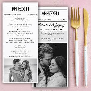 Menú Boda de fotos en blanco y negro de periódico boda