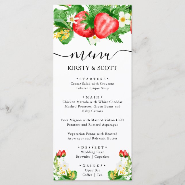 Menú Boda de Fresas en Acuarela y Flores Blancas (Anverso)