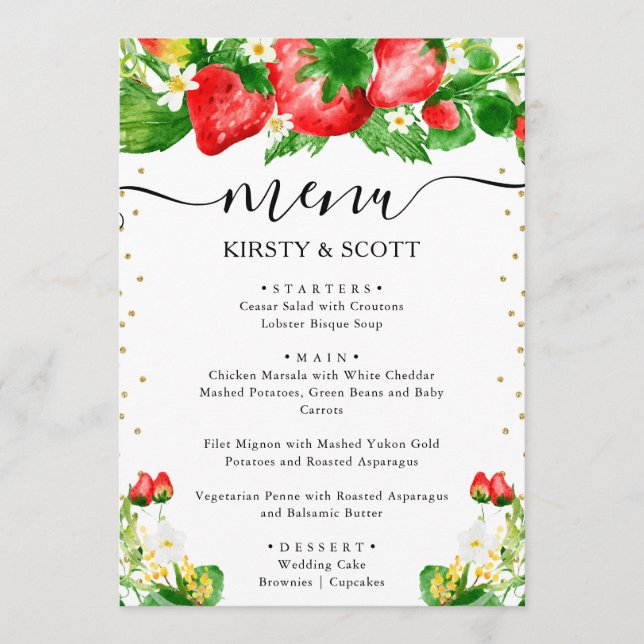 Menú Boda de Fresas en Acuarela y Flores Blancas (Anverso)