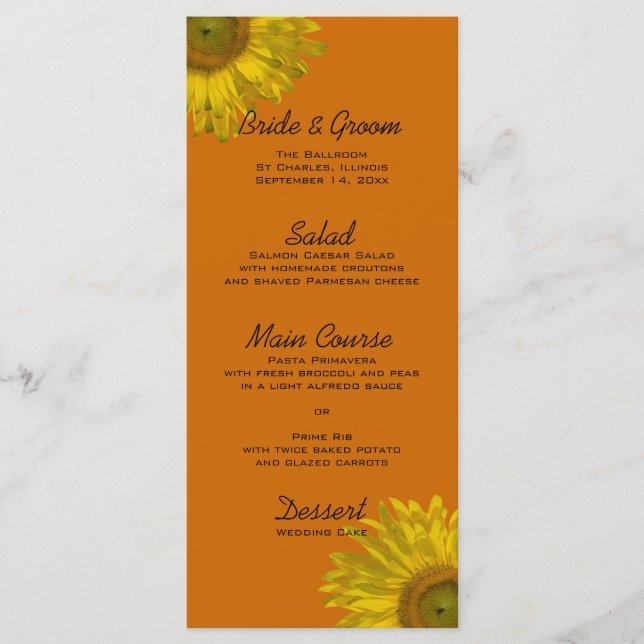 Menú Boda de girasol amarillo en Naranja (Anverso)