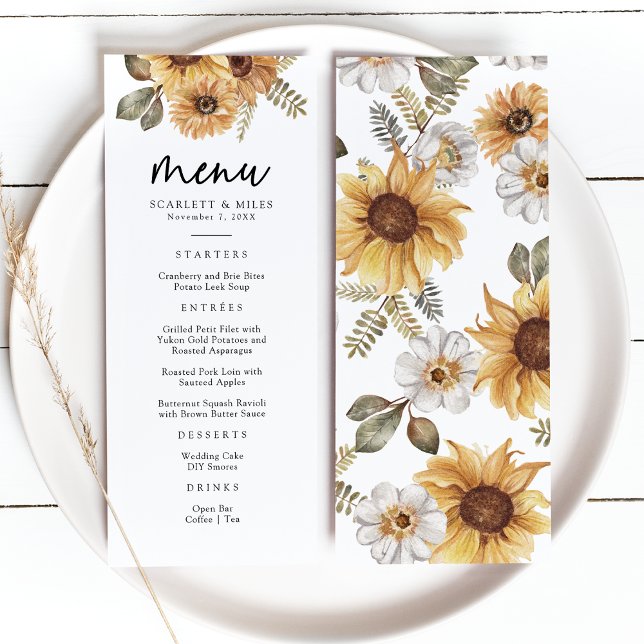 Menú Boda de girasol ruso (Rustic Watercolor Sunflower Floral Wedding Menu by Painted Paperie
)