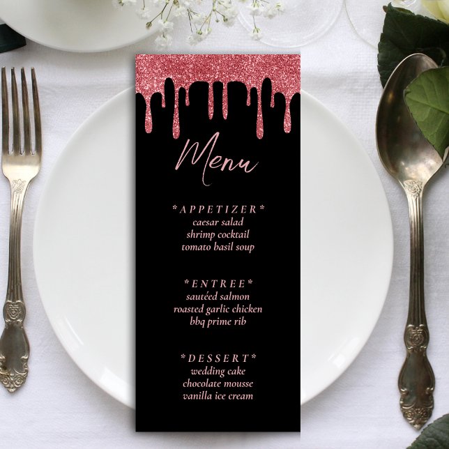 Menú Boda de goteo de Purpurina Black & Pink Rose Gold (Black & Pink Rose Gold Glitter Drip Wedding Menu)