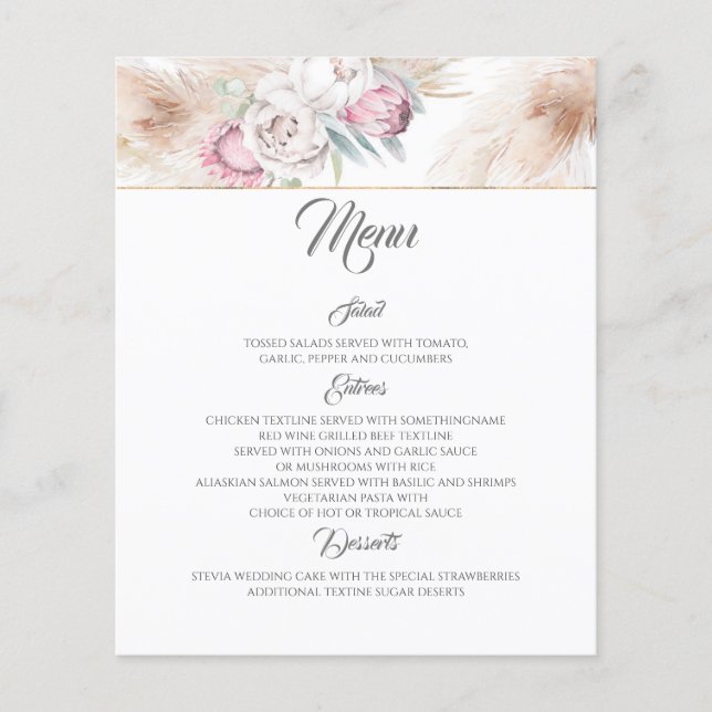 Menú Boda de gramíneas Pampas Florales Rosa (Frente)