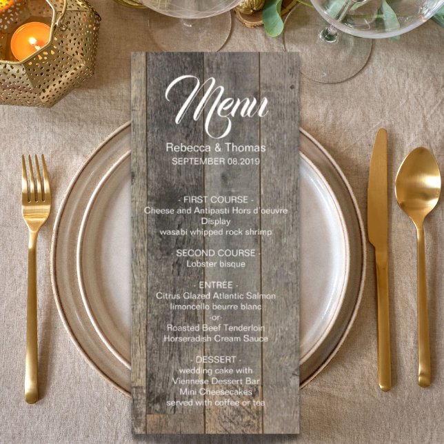 Menú boda de granero de grano de leña rústico occidenta (rustic western country woodgrain barn wedding menu)